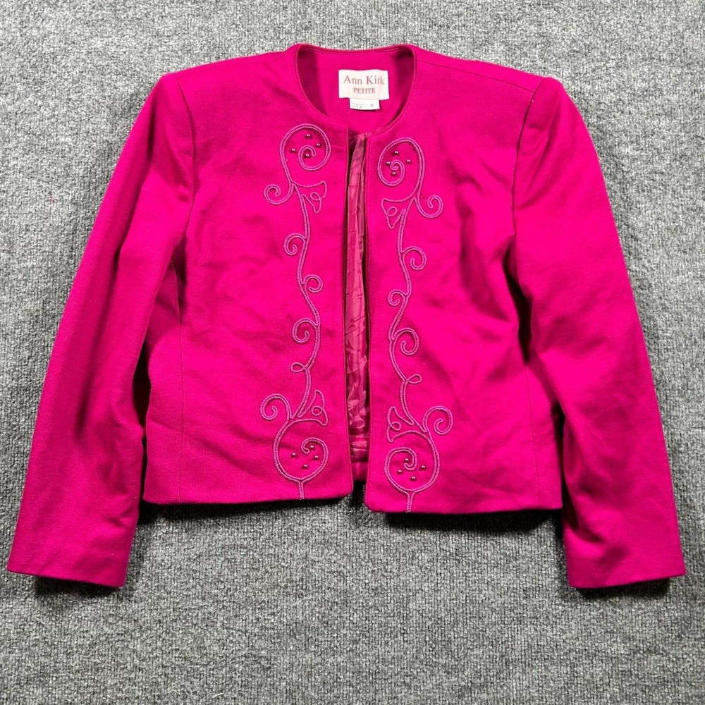Ann Kirk Blazer Womens Size 8 Petite Magenta Pink Wool Blend Embroidered USA